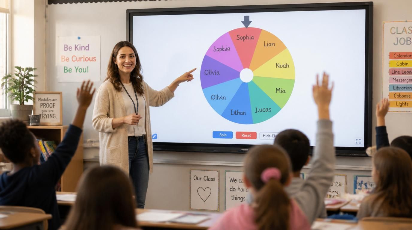 Teacher workflow board showing a classroom roster, spinning name picker, and selected student outcome