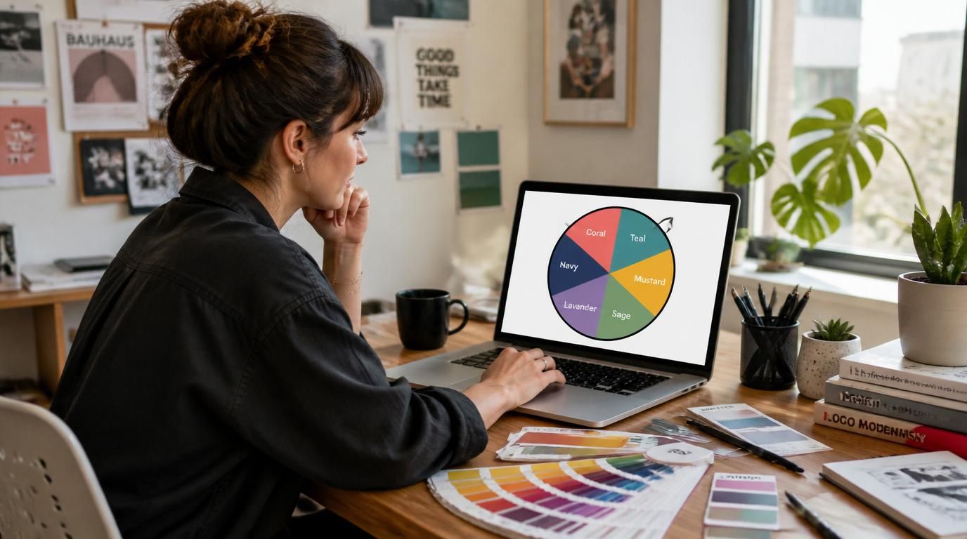 Design workflow dashboard with color swatches, UI cards, and a color picker wheel for palette decisions