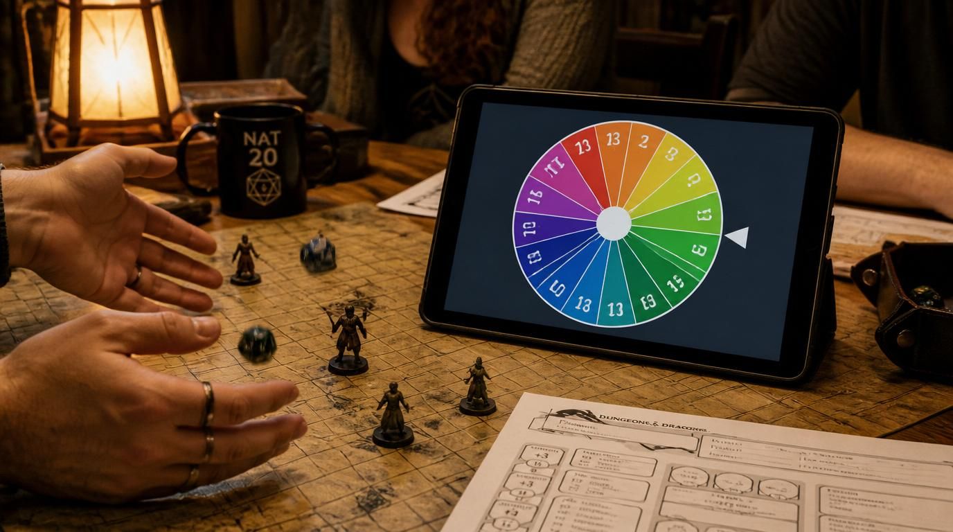 Tabletop randomizer workflow with multiple digital dice and a recorded roll total