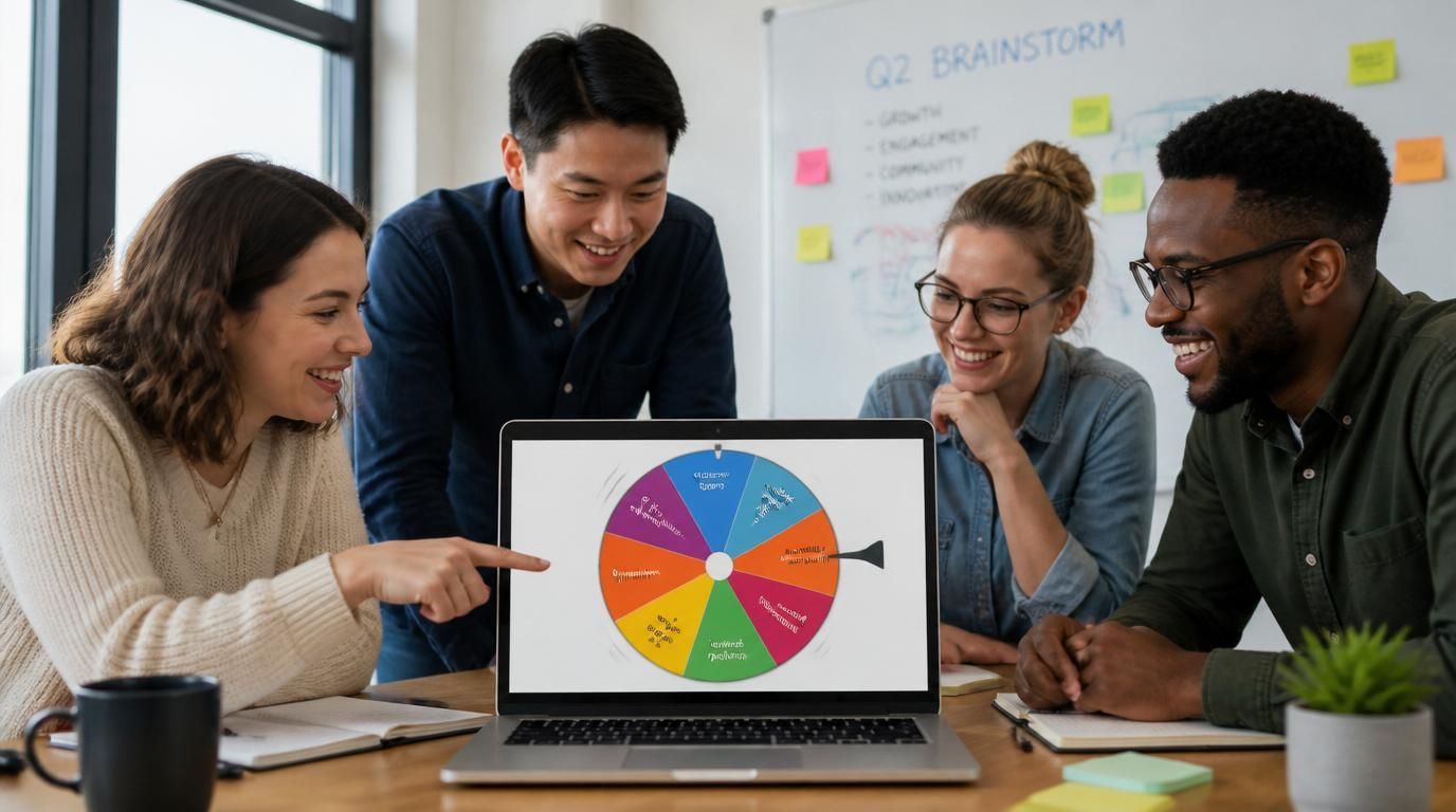 Picker wheel workflow showing input options, a spinning wheel, and a finished selected outcome