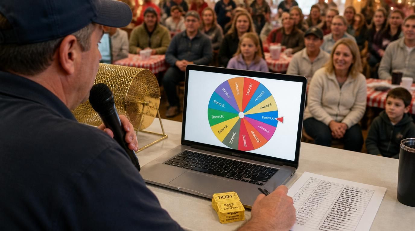 Raffle operations workflow comparing spreadsheet entries with a public raffle wheel winner result