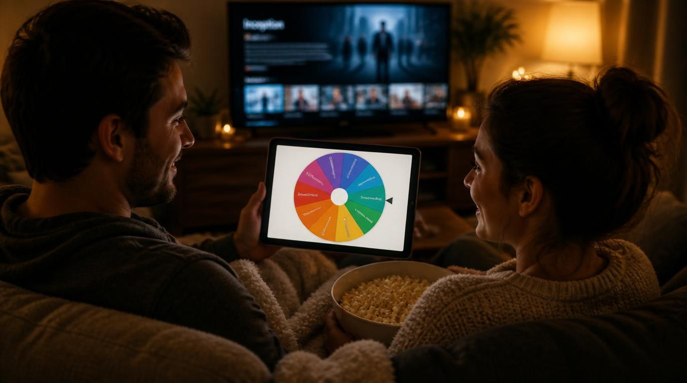 Movie night workflow with genre cards, a watchlist queue, and a wheel selecting tonight's movie mood
