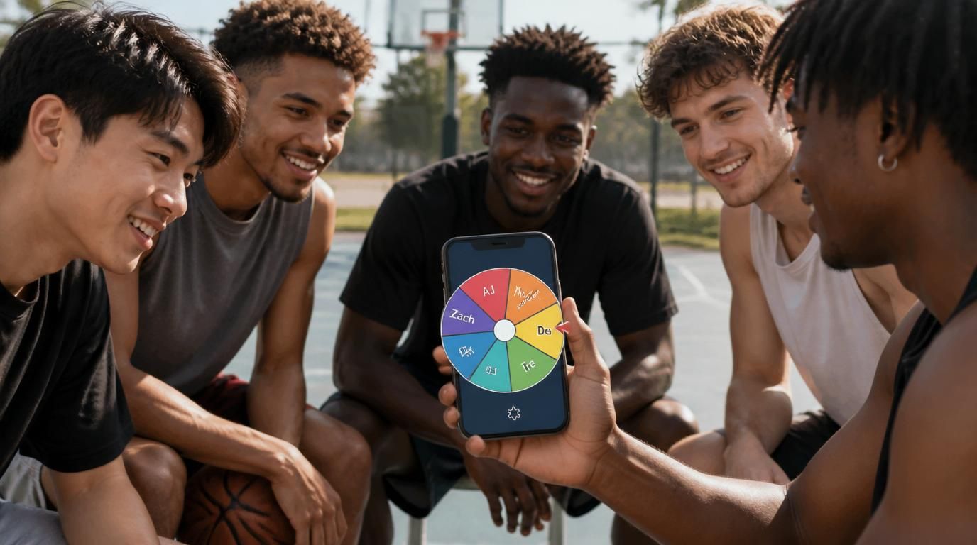 Pickup sports workflow showing players split into balanced teams on a field layout
