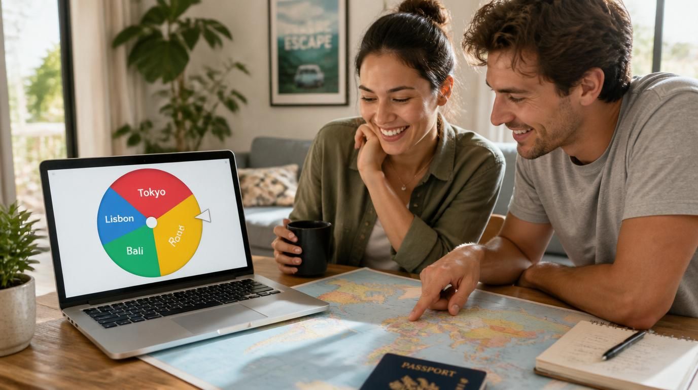 Trip planning workflow with a route map, destination wheel, and itinerary next-step card