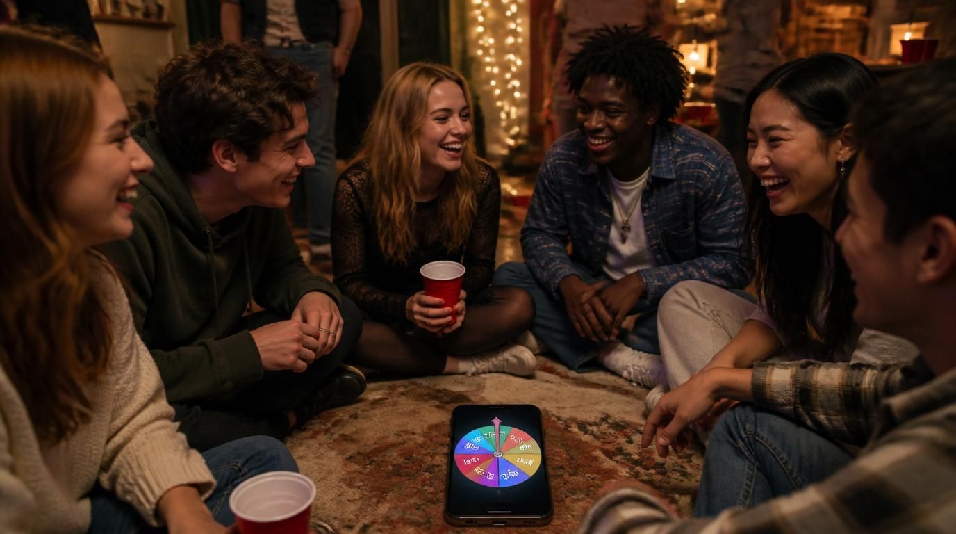 Party host workflow with Truth, Dare, and Pass prompt cards plus a controlled spinning wheel
