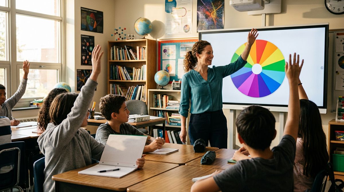 A colorful name spinner wheel mid-spin on a laptop screen