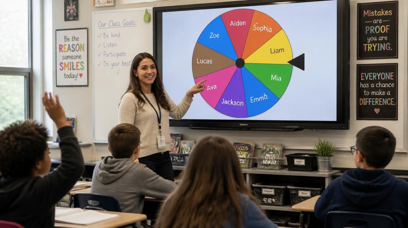 Wheel of names workflow showing a roster, colorful name picker wheel, and selected participant result