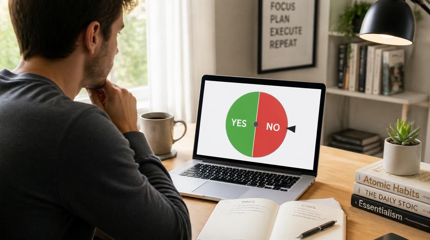 Yes-or-no decision gate workflow with clear answer panels and a small wheel selecting yes